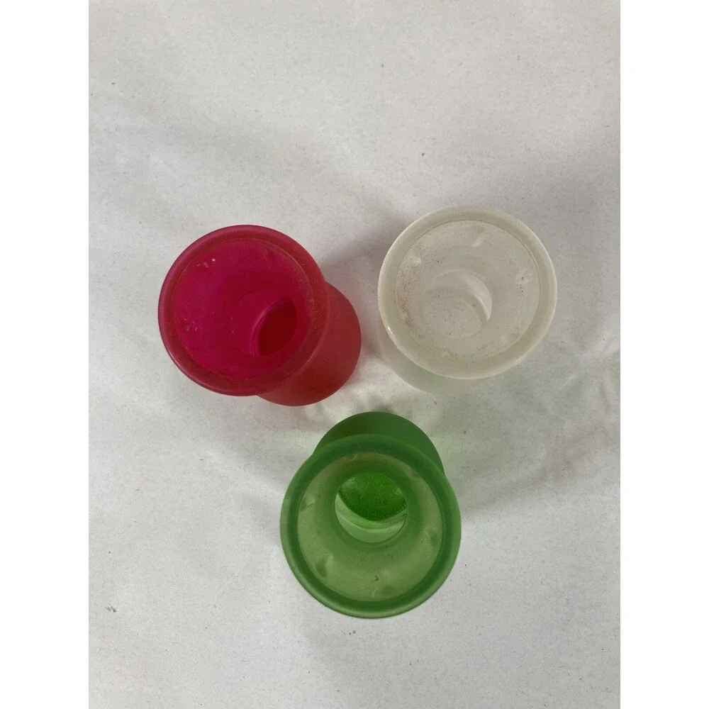 3 Bud Vases Red Pink, Frosted White Brilliant Green 4” Tall Cottagecore